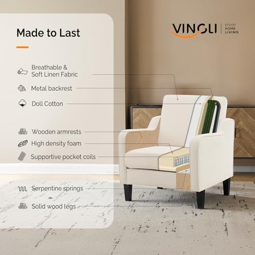 VINGLI Mid Century Modern Accent Chair, Beige Fabric Accent Chairs for Living Room Upholstered Armchair Sofa with Scooped Arms for Bedroom, Apartment, Studio, Office, Waiting Room - color: Beige