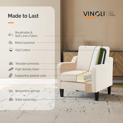 VINGLI Mid Century Modern Accent Chair, Beige Fabric Accent Chairs for Living Room Upholstered Armchair Sofa with Scooped Arms for Bedroom, Apartment, Studio, Office, Waiting Room - color: Beige