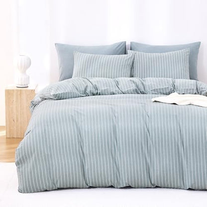 Wake In Cloud - Striped Cotton Duvet Cover Set, Ticking Stripe Vertical Pinstripe Farmhouse, 100% Washed Cotton Textured Bedding Set, 3 Pieces, Blue, Full Size - color: Blue, size: Full