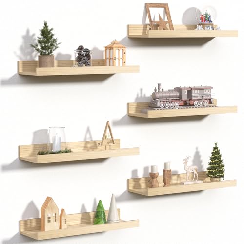 upsimples Floating Shelves for Wall Decor Storage, Natural, 6Pcs, 15.7'' | Wall Mounted Wood Shelves for Living Room, Bedroom, Bathroom, Kitchen, Office, Laundry Room Display and Organize - color: Natural, size: 15.7in