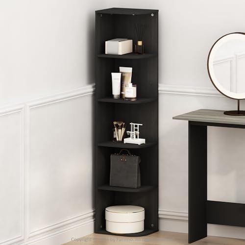 Furinno Reed Corner Shelf, 5-Tier Corner Bookshelf, Book Shelf, Corner Shelves, Storage Rack, for Organization and Storage, Home Office, Living Room, Blackwood - color: Blackwood, size: 5-Tier Corner