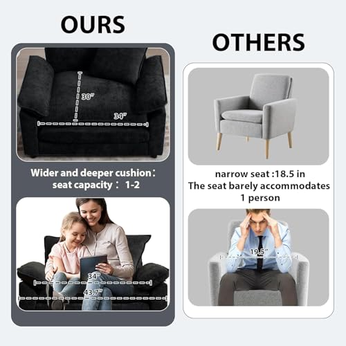 Modern Oversized Chair with Ottoman, Comfy Chenille Accent Chair Large Upholstered Armchair with Extra Thick and Deep Seat Lounge Chair for Living Room,Bedroom,Apartment,Black - color: Black, size: 1(chair+ottoman)