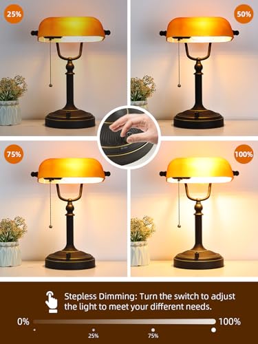 Matted Amber Stepless Dimmable Glass Bankers Desk Lamp | Table Lamp Plug in Fixture for Study Home office Library LED Bulb Included - color: Matted Amber