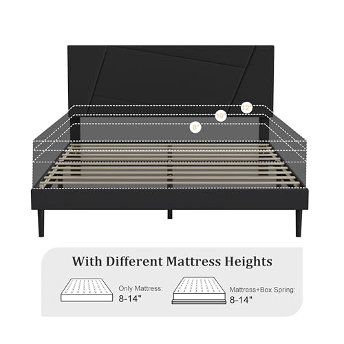 Queen Size Upholstered Bed Frame Frame with Headboard，Velvet Black | Geometric Head Board Platform Bed, Sturdy Wooden Slats, Noiseless No Box Spring Required, Easy to Assemble - color: Black, size: Queen