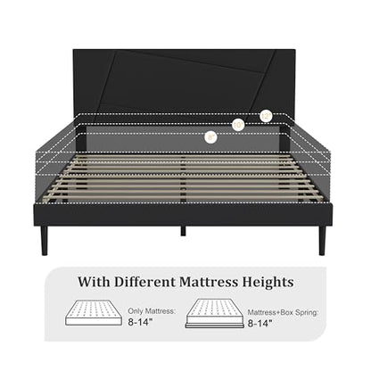 Queen Size Upholstered Bed Frame Frame with Headboard，Velvet Black | Geometric Head Board Platform Bed, Sturdy Wooden Slats, Noiseless No Box Spring Required, Easy to Assemble - color: Black, size: Queen