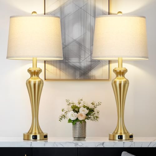 CINSARY 30" Tall Gold Table Lamps Set of 2 for Living Room, Touch Control Bedside Lamps for Nightstand, 3-Way Dimmable Bedroom Lamp with USB A+C Ports and AC Outlet, Metal Brass Table Lamp - color: Gold (2 Pack)