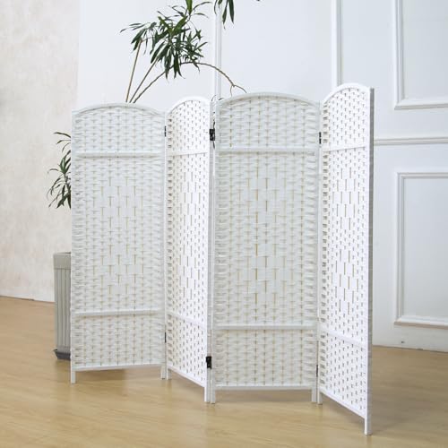 4 Panel Rattan Divider Short Room Partition Screen,Double Sided Folding Divider for Room Separation,White,47.2" H x 63" W - color: White, size: 4 Panel