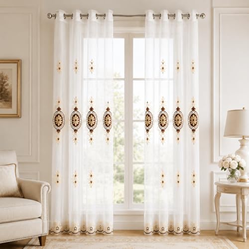 Simple Chenille Jacquard Sheer Window Elegance Curtains/Drapes/Panels/Treatments for Bedroom Living Room, 54 x 84 Inch, Top Grommets(2 Panels) - color: Coffee-sheer, size: 54"W x 84"L (Pack of 2)
