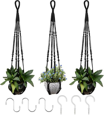RIFNY Macrame Plant Hanger for 5 to 10 Inch Plant Pots, 35 Inch Indoor Handmade Woven Rope Hanger Kits with Hooks and Wood Beads, Hanging Planter Basket Holder for Boho Home Decor (Black, 3 Pack) | 35 Inch Hanging Planter with Hooks, Fits 5-10" Pots, Suit