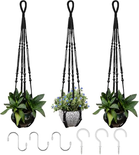 RIFNY Macrame Plant Hanger for 5 to 10 Inch Plant Pots, 35 Inch Indoor Handmade Woven Rope Hanger Kits with Hooks and Wood Beads, Hanging Planter Basket Holder for Boho Home Decor (Black, 3 Pack) | 35 Inch Hanging Planter with Hooks, Fits 5-10" Pots, Suit