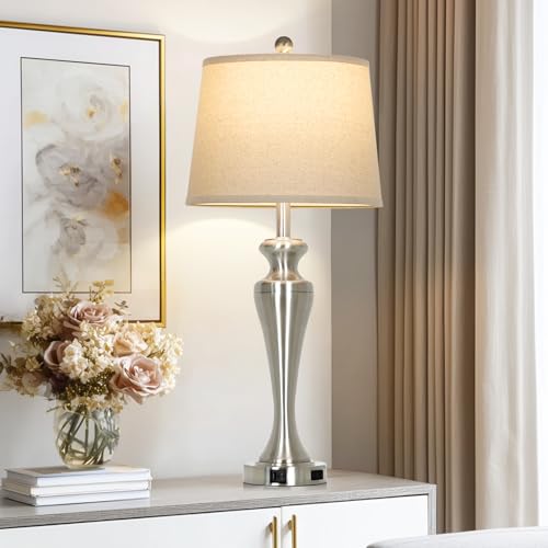 CINSARY Silver Table Lamp Single, Touch Control Bedside Lamp with USB A+C Ports and AC Outlet, 3-Way Dimmable Bedroom Lamps for Nightstand, Tall Brushed Nickel Living Room Lamps for End Table - color: Silver (1 Pack)