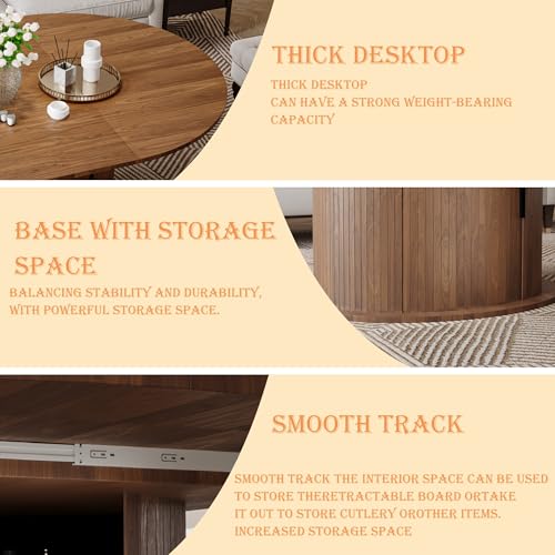 Extendable Round Dining Table for 2-4-6, 63 Inch Dining Room Kitchen Table with 2-Tier Storage Shelf, Modern Farmhouse Fluted Wood Slide Door Dinner Furniture,Oval Circle(Walnut-63 Inch) - color: Walnut-63 Inch