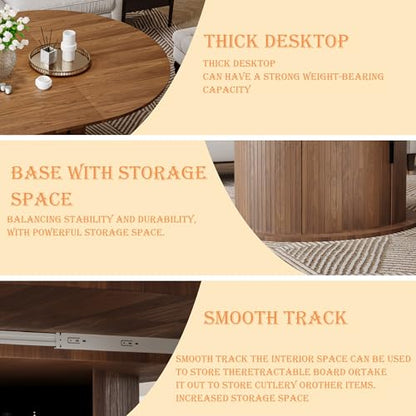 Extendable Round Dining Table for 2-4-6, 63 Inch Dining Room Kitchen Table with 2-Tier Storage Shelf, Modern Farmhouse Fluted Wood Slide Door Dinner Furniture,Oval Circle(Walnut-63 Inch) - color: Walnut-63 Inch