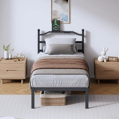 SHOANED Twin Size Bed Frame - 14 Inch Metal Heavy Duty Bedframe with Charging Station Black Basic Steel Slats Platform with Headboard No Box Spring Needed/Easy Assembly - size: Twin, style: 14 Inch with Charging Station