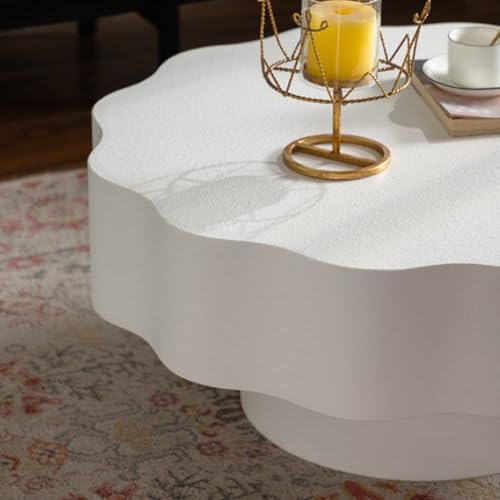 Modern White Scalloped Coffee Table 31.5" Round Wood Center Table Wave-Shape Coffee Tea Tables with Pedestal Base for Living Room Apartment Small Space (White) - color: White