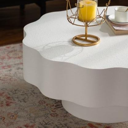 Modern White Scalloped Coffee Table 31.5" Round Wood Center Table Wave-Shape Coffee Tea Tables with Pedestal Base for Living Room Apartment Small Space (White) - color: White
