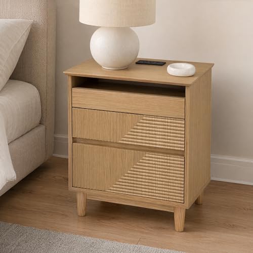 Nightstand with Charging Station, 3 Drawers Fluted Bedside Table, USB Ports Outlets, Mid Century Modern End Table, 1 Small and 2 Large Drawers, Natural Oak 、Walnut Finish (Natural Wood Color) - color: Natural Wood Color