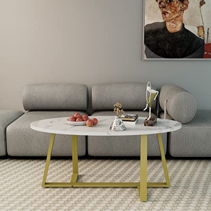 Wolawu Coffee Table White Faux Marble Coffee Table for Living Room,Oval Center Tables Modern Tea Table for Small Space,Wooden Living Room Tables End Table with Sturdy Gold Metal Leg - color: White Gold