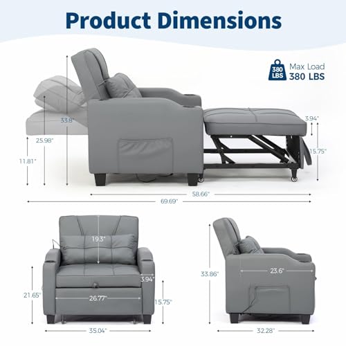 Sleeper Chair Pull Out Bed, 4 in 1 Convertible Sofa Chair Bed with Vibration Massage Lumbar Pillow, Single Sofa Recliner with USB/Type-C Port, Cup Holders and Side Pocket for Small Spaces (Grey) - color: Grey
