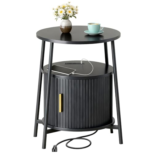 DHH Round End Tables with Charging Station, Fluted Accent Side Table with Sliding Door, Mid-Century Modern Nightstand for Small Space Storage, Living Room, Bedroom,Sofa Couch(1, Black) - color: Black