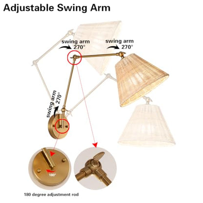 Rattan Battery Operated Wall Sconces Set of 2, Rechargeable Dimmable Wall Light with RGB Bulb and Remote, Adjustable Swing Arm Wall Light, Wireless Gold Bedside Light Fixture for Bedroom, Living Room - color: Gold