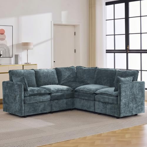 80" Blue Modular Storage Sofa, V Shaped Chenille Cloud Couch with Armrest | Oversized Convertible Sectional Sofa, 5-Seat Sectional Couch With Armrests, Large Cloud Couch For Living Room, Apartment. - color: Blue, size: 80"V-Shape Sofa