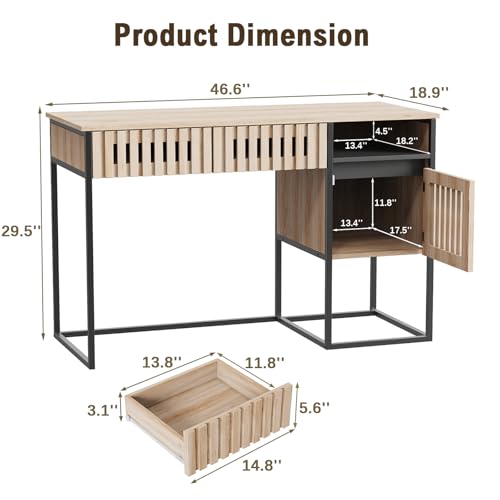 Small Home Office Desk, 46.5" Fluted Writing Desk with 2 Drawers | Compact desk with storage cabinet for bedroom small spaces, dressing table console table, Black and Oak