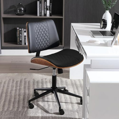 Home Office Chair No Arms with Wheels, Mid Back Walnut Style,Black-2 | Adjustable Height Small Desk Chair, PU Leather Mid Back 360 Swivel Computer Seating, Armless Walnut Office Chair, 300LBS - color: Black, size: MCM Style-2Pack