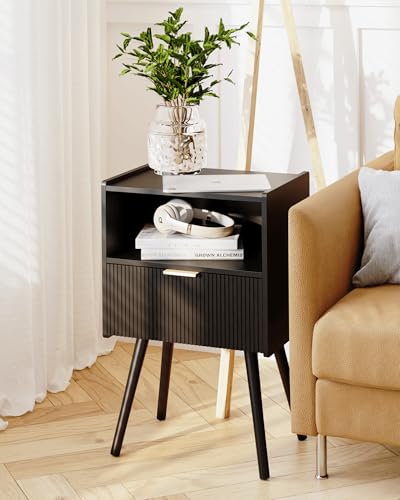 Black Nightstand,Modern Bedside Table with Storage Drawer and Open Wood Shelf, for Living Room, Bedroom and Small Spaces, Accent Night Stand with Solid Wood Legs, Easy Assembly,Classic Black - color: Black