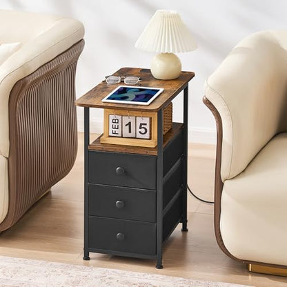 Narrow End Table with Charging Station, Narrow Side Table with 3 Fabric Drawers, Slim Nightstand with LED Light, Small Table with Storage, Living Room, Bedroom, Rustic Brown HKET1303BR - color: Rustic Brown, size: 11.8" W x 23.6" D, style: Power + Light