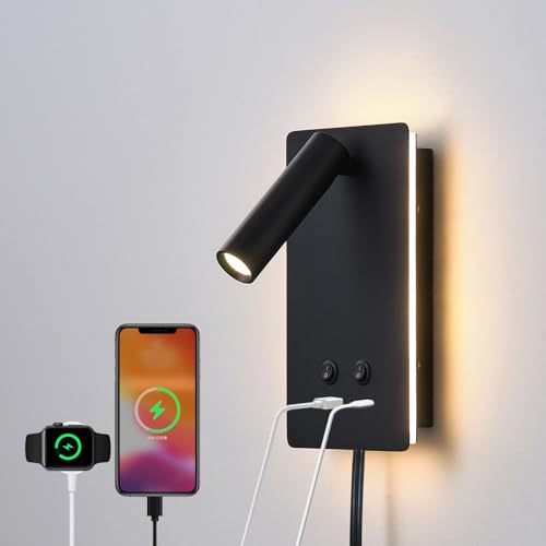 MOLUOLA LED Wall Lamp Wall Mounted Reading Lights, Adjustable Headboard Plug in Wall Sconce with USB C+A Ports, Headboard Bedside Lamp with 9W+3W Night Light 3000K (Black) - color: Black, size: 1 Pack
