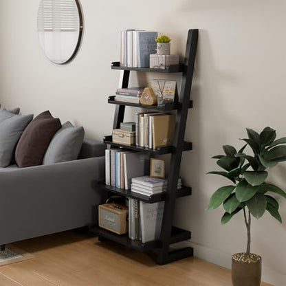 AQIMUELE Black Wooden Ladder Shelf with Edges, 5-Tier Modern Leaning Bookshelf Ladder – Stylish Space-Saving Bookcase for Living Room, Bedroom & Home Office - color: Black