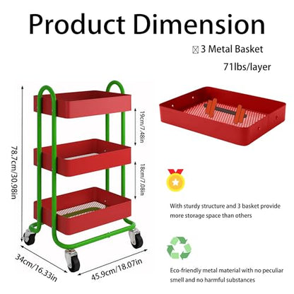 Metal Rolling Cart,3-Tier Metal Rolling Cart with Wheels,3 Tier Utility Cart with Wheels for Office,Home,Kitchen,Garden（13.4"x18.1"x31"） Red+Green - color: Red+green, size: 31"H