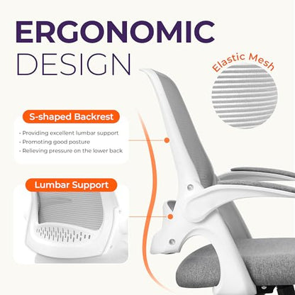 NEO CHAIR Office Desk Chair, Ergonomic Mesh with Flip-Up Armrests, Grey | Lumbar Support, Height Adjustment, 360° Swivel and Rolling Base, Space-Saving Design for Home Office, Vanity or Study - color: Grey