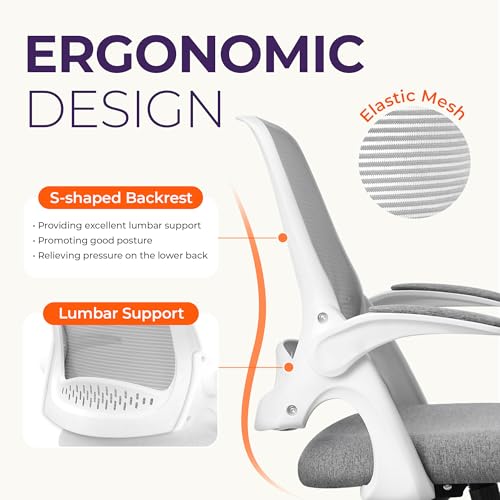 NEO CHAIR Office Desk Chair, Ergonomic Mesh with Flip-Up Armrests, Grey | Lumbar Support, Height Adjustment, 360° Swivel and Rolling Base, Space-Saving Design for Home Office, Vanity or Study - color: Grey