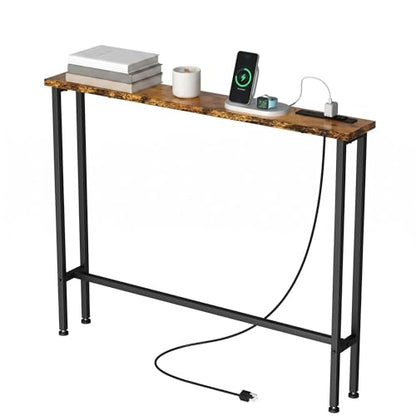 GRLEAF 39 Inch Narrow Sofa Table with Power Outlet, Extra Long Console Table Behind Couch Table with Charging Station, Skinny Entryway Table Thin Table for Living Room, Narrow Spaces (Rustic Brown)