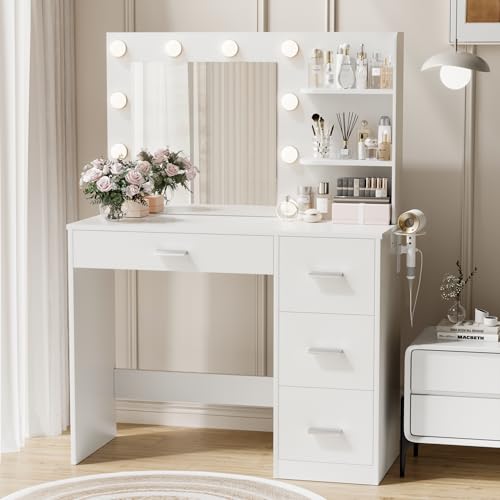 YESHOMY Vanity Desk with Mirror, 10 Lights, Power Outlet and 3 Storage Shelves, Makeup Table with 4 Drawers, 3 Color Modes, for Bedroom, White - color: White