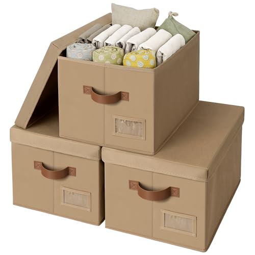 GRANNY SAYS Storage Bins with Lids, Decorative Storage Boxes with Lids | Storage Box with Dust Cover, Handles & Lable, Collapsible, Ideal for Closet Clothes Blanket Toys, Large, Brown, 3-Pack - color: Brown, size: Large