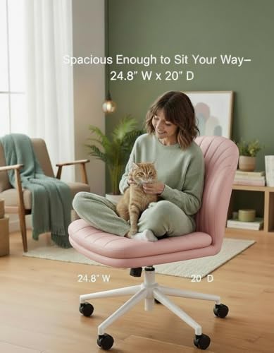 Marsail Armless-Office Desk Chair with Wheels: PU Leather Cross Legged Wide Chair,Comfortable Adjustable Swivel Computer Task Chairs for Home,Office,Make Up,Small Space,Bed Room, Pink - color: Pink