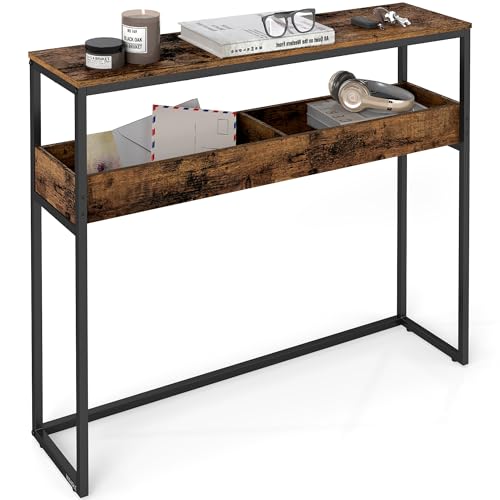 VASAGLE 39.4 Inches Console Table, Narrow Sofa Table, 2-Tier | Easy Assembly, Semi-Open Compartments, Entryway Table for Living Room, Bedroom, Rustic Brown and Ink Black ULNT091K01 - color: Rustic Brown + Ink Black, size: 9.4"D x 39.4"W x 31.5"H