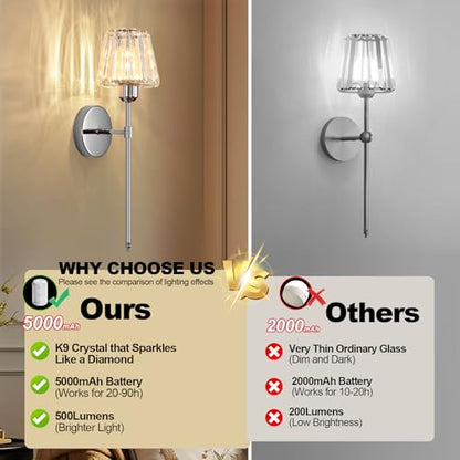 Battery Operated Crystal Wall Sconce Set of 2, Chrome Rechargeable Wireless Wall Sconces with Remote Dimmable 12 Colors Modes Led Wall Lights for Bedroom Living Room Hallway, 2 Bulbs Included - color: Chrome