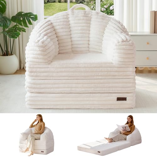 MAXYOYO Folding Sofa Bed Chair, Sleeper Chair for Adults, Faux Fur, Single | 2-in-1 Fold-Out Chair Bed, Convertible Floor Lounger with Carry Handle for Reading or Relaxing , Beige - color: Beige