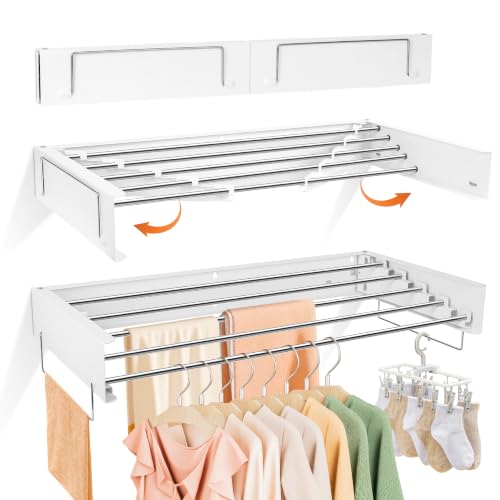 Wall Mounted Drying Rack 32" – Foldable Clothes Drying Rack Wall Mounted, 65 LBS Laundry Rack Wall Mounted, Retractable Clothes Rack for Laundry Room, Indoor & Outdoor Space Saver, 5 Rods, White - color: White