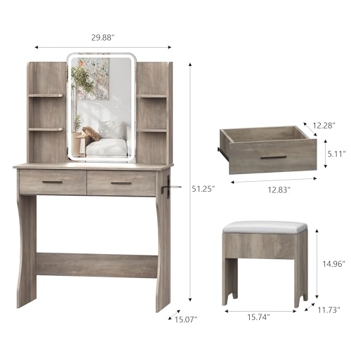 Small Vanity Desk with Mirror and Lights, Makeup Vanity with LED Lights, Grey Vanity Mirror with Lighted Desk and Chair, 3 Lighting Adjustable Compact Dressing Table with Mirror for Women, Girls - color: Grey, size: 29.88x15.09x51.30 in