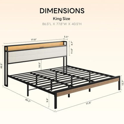 LIKIMIO King Size Bed Frame with Headboard, LED Lights and Charging Station | Upholstered sherpa storage headboard with LED & charger; heavy-duty slats; noise-free; modern elegance; natural and cream - color: Natural and Cream, size: King