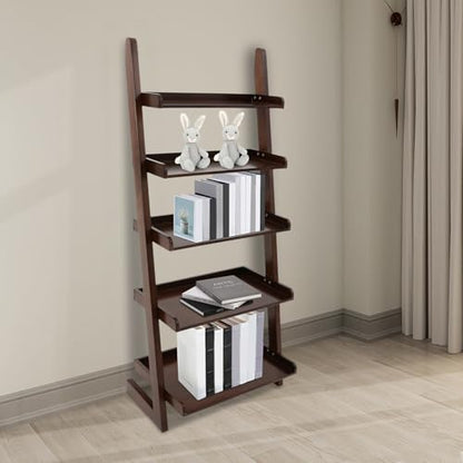 5-Tier Ladder Shelf, Minimalism Wood Ladder Bookshelf L-Shaped Leaning Storage Bookshelf Freestanding Open Bookcase for Living Room Bedroom Offices (Walnut Brown)