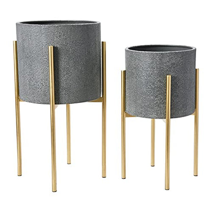 Main + Mesa Modern Boho Embossed Metal Planters with Stands, Charcoal Grey and Gold, Set of 2 Sizes - color: Grey/Gold