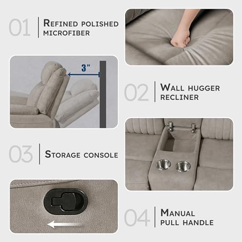 Lexicon 75" W Manual Double Reclining Loveseat with Center Console, Dove | Polished Microfiber Manual Wall Hugger Loveseat Recliner, Cup Holders, for Living Room, Tool Free Assembly - color: Dove, size: Reclining Loveseat