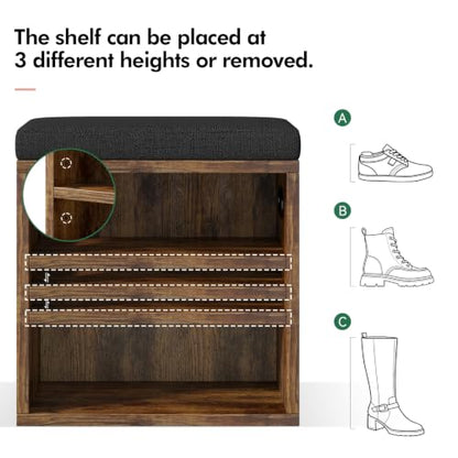 2 Tier Small Shoe Storage Bench Rustic Brown US-FHXD01H | hold up to 4 pairs of shoes, with Adjustable Middle Shelf, Padded Seat Cushion,cut-out handle - color: Rustic Brown