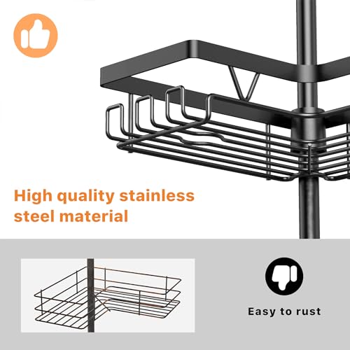 KEGII Corner Shower Caddy Tension Pole, 6-Tier Bathroom Organizer, Black | Floor to Ceiling Design with Rustproof Waterproof Finish, Adjustable 25-114.2 inch Pole for Shampoo, Towels and Essentials